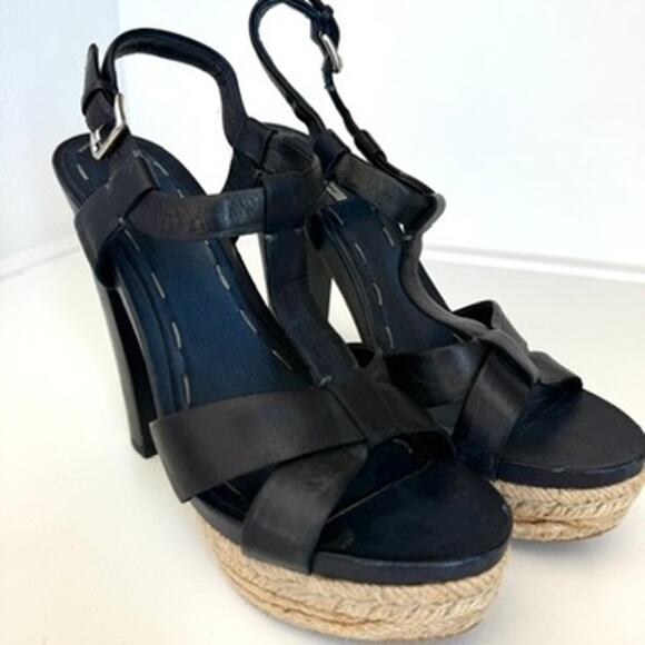 Miu Miu Platform Espadrille Sandals Navy Leather Strappy Heels Size 38 Italy - Picture 2 of 13
